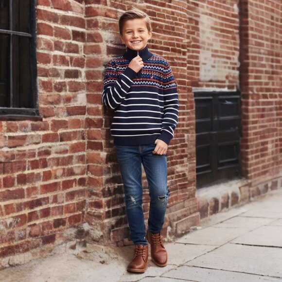 Nautica KIDS Fair Isle Quarter Zip Sweater Striped Knit Pullover Logo Classic - Picture 3 of 12